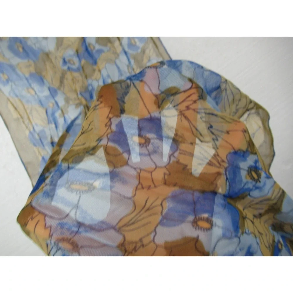 Vintage 60s Vera Neumann Silk Chiffon Scarf Floral Sheer Blue/Brown Rectangle